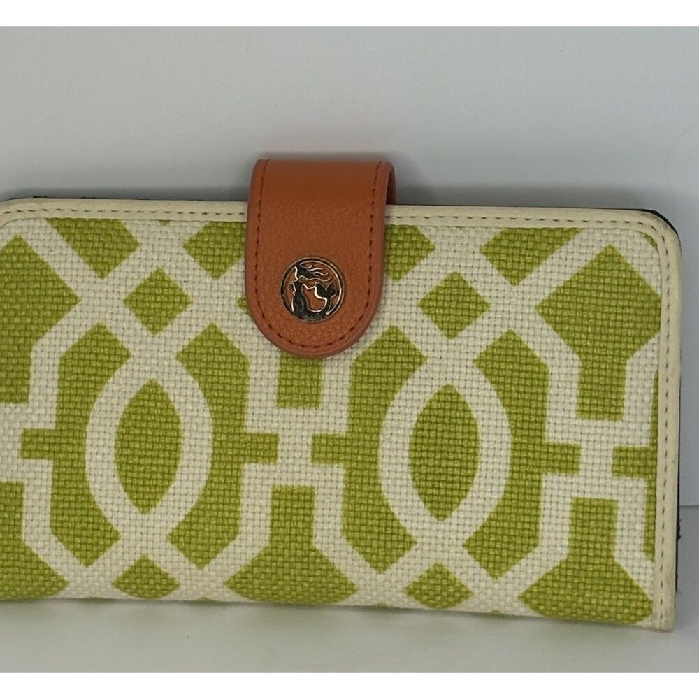 Spartina 449 lime green and white geometric linen wallet with orange-brown